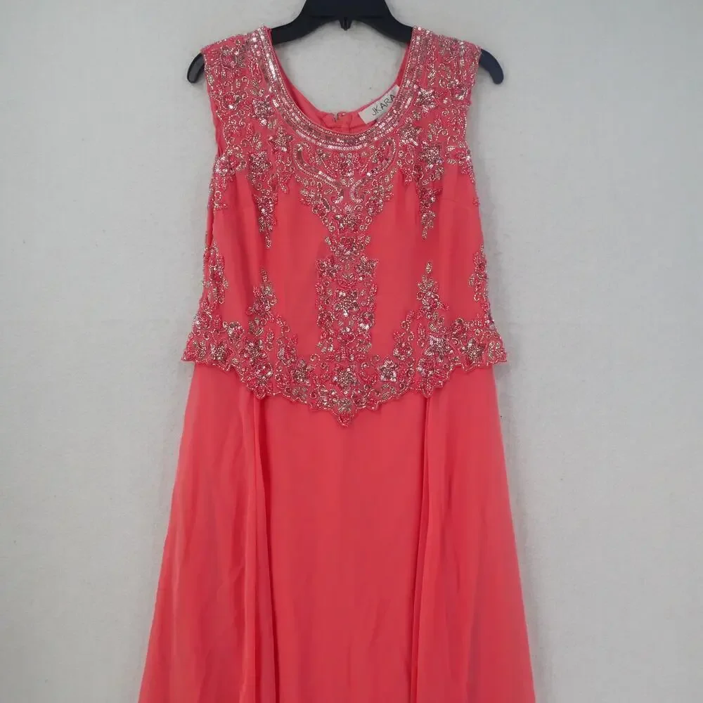 NEW J. Kara Women's 8 Petite Cap Sleeve Beaded Top Long Dress Coral 2737 - Picture 3 of 14